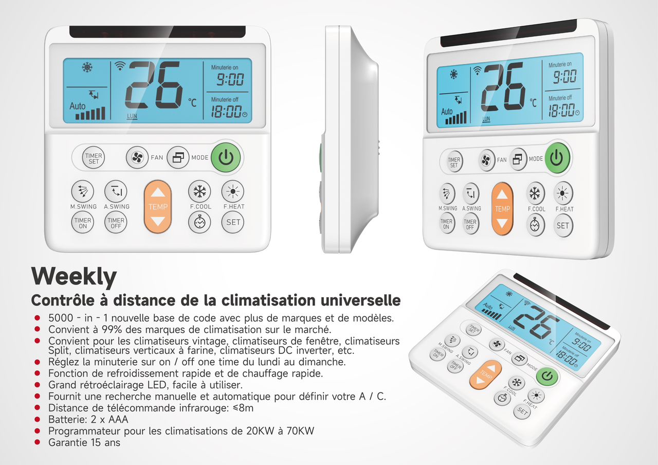 Fiche technique du boîtier Weekly : vues du produit et liste des caractéristiques